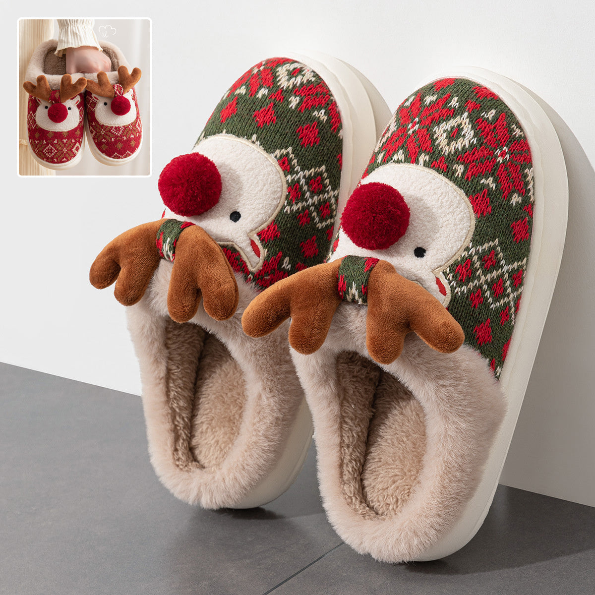 Christmas moose plush slippers.