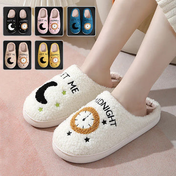 Plush slippers with moon and clock print.