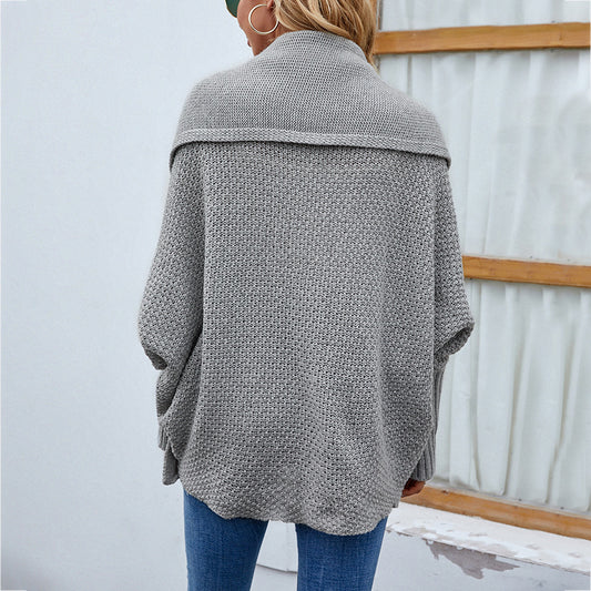 Loose knit sweater, batwing sleeve, large lapel, autumn and winter for women