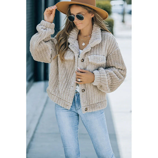 Fashionable Plush Woolen Khaki Winter Coat Long Sleeves for Women