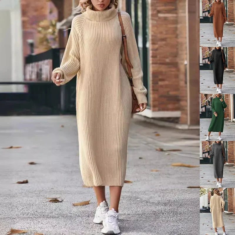 Winter turtleneck knit sweater dress for women