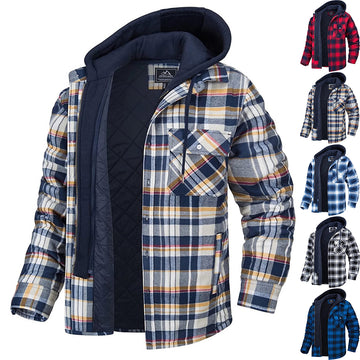 Men's Plaid Hooded Coat Winter Warm Button Zip-up Jacket Fashion Casual Thick Padded Long Sleeves Outerwear Clothing